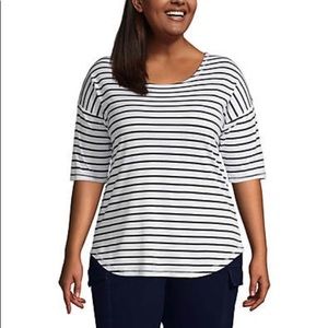 Lands’ End Plus Size Elbow Sleeve Ballet neck curved hem striped tee